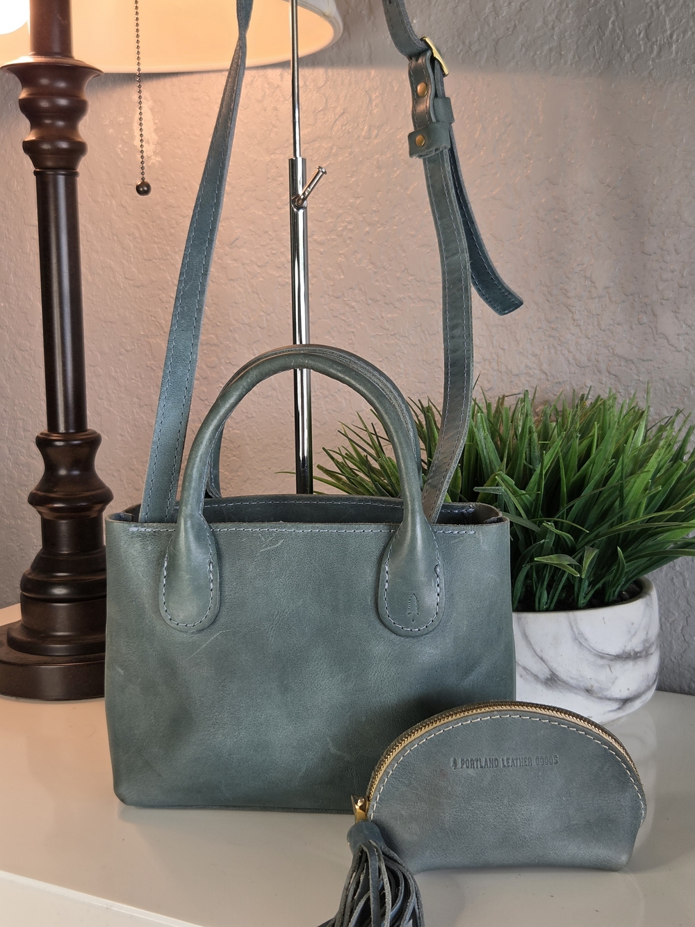 Portland Leather Goods Aqua Raindrop Crossbody Bag & Taco Tassel Pouch Set